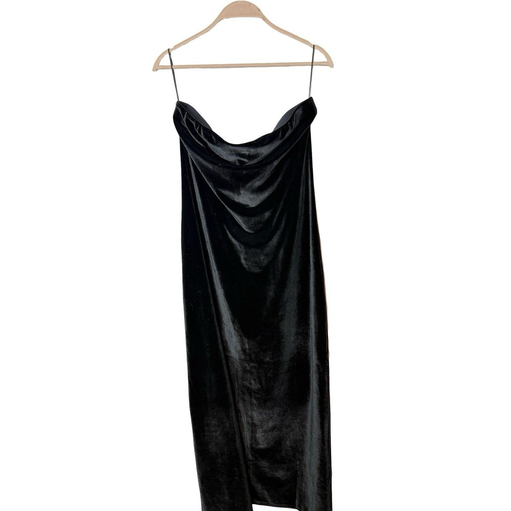 Oak + Fort Tube Midi Dress Side Slit Slim Fit Velvet Stretch Women black large